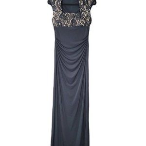 Black and Gold Evening Formal Gown Maxi Dress with Lace Overlay- Size 4, Size 12